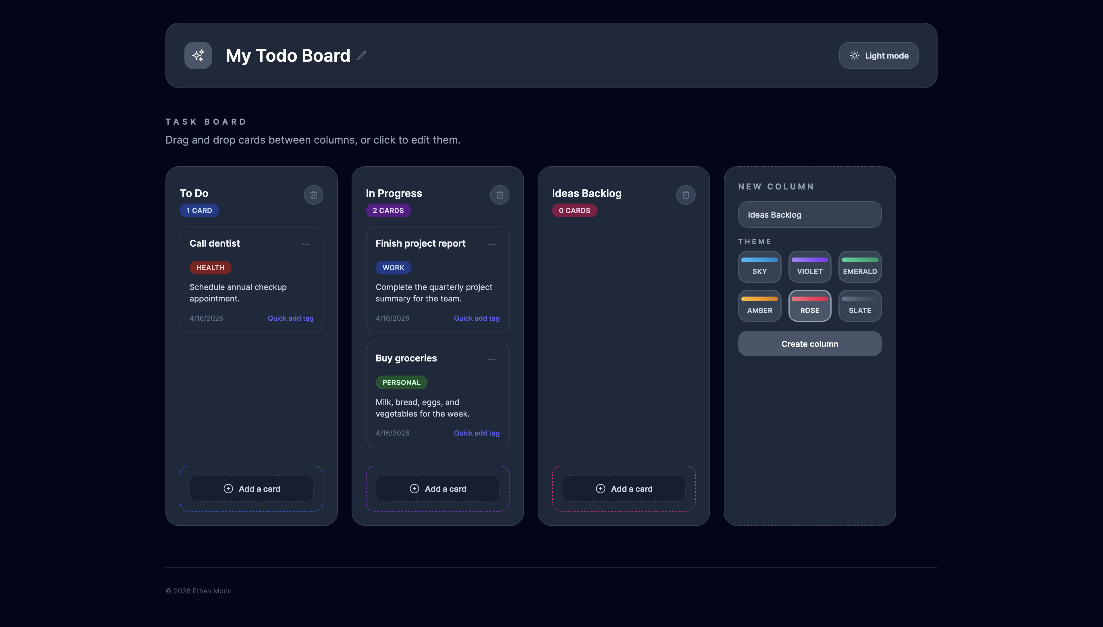 Atlas Flow – Trello-inspired Task Board project screenshot by Ethan Morin